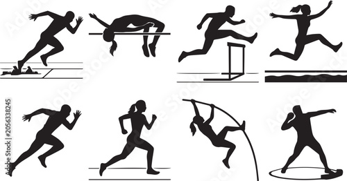 Schilderij op canvas Set of black athletics and track and field silhouettes featuring sprinters hurdl