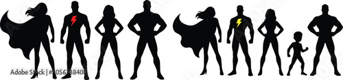Superhero silhouette collection featuring male female and child hero characters with capes isolated vector illustration set