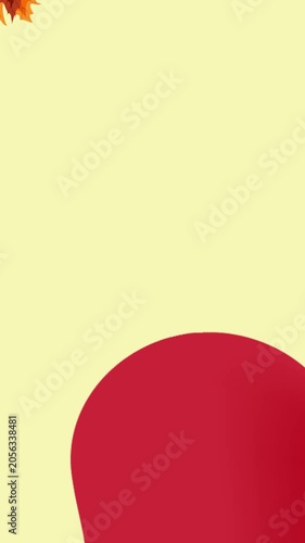 Vertical autumn background animation with colorful maple leaves and an abstract red circle on light yellow blank space for social media story design