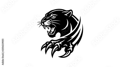 Tableau sur toile Aggressive Black Panther Head and Claws Logo - Fierce Predator Illustration