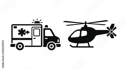 Ambulance and Helicopter Icons: Emergency Medical Transport and Air Rescue