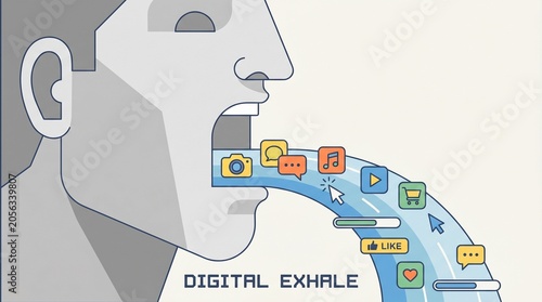 Greyscale illustration of a profile exhaling a digital media stream