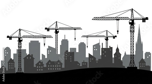 City skyline silhouette with industrial construction cranes.
