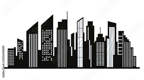 Black and white minimalist city skyline architectural building silhouette.