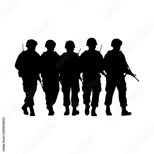 Fotografie Silhouette of Five Soldiers Standing Together in Formation.