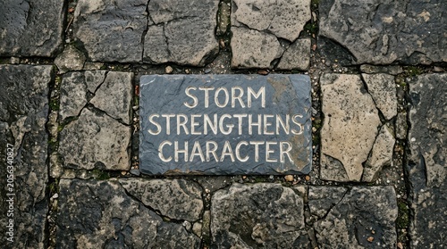 Tapety artystyczne Stone inscription reads Storm Strengthens Character on textured paving