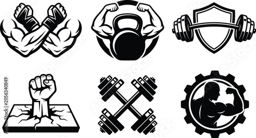 Cuadro en lienzo Gym and fitness bodybuilding vector logo emblem set with barbell dumbbell kettle