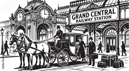 Vintage Grand Central Railway Station, horse drawn carriage, black and white illustration, NYC landmark