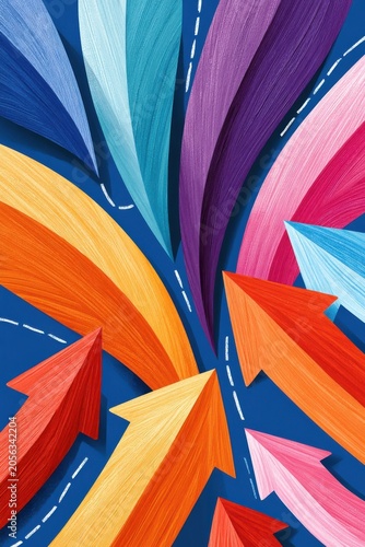 Colorful textured arrows pointing upward and forward conveying movement, growth, direction and momentum