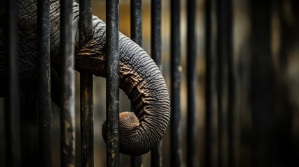 Elephant trunk reaching through metal bars inquisitively