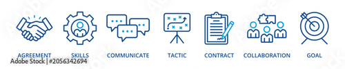 Negotiation outline color banner icon with agreement, skills, communicate, tactic, contract, collaboration, goal