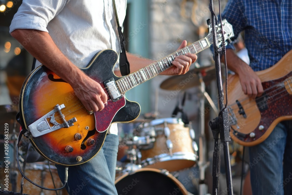 Fototapeta premium Close-up of guitarist and bassist playing electric guitars during a live band performance at an outdoor gig