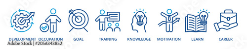 New skills outline color banner icon with development, occupation, goal, training, knowledge, motivation, learn, career