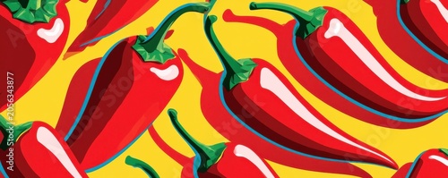 Vibrant pop art illustration of red chili peppers repeating pattern on a yellow background