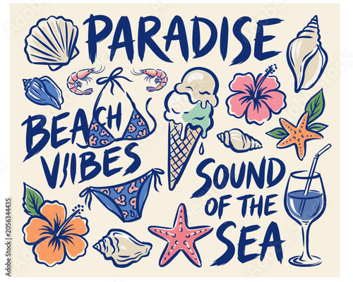 Beach club. Endless summer artwork. Tropical vintage design for t shirt print. Paradise beach vibes. Sound of the sea graphic.