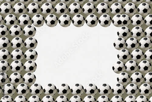 A rectangular frame composed of black and white soccer balls arranged in a repeating pattern, creating a bold and dynamic border

