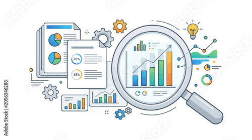 Business Analytics: Magnifying Glass Over Growing Charts and Graphs