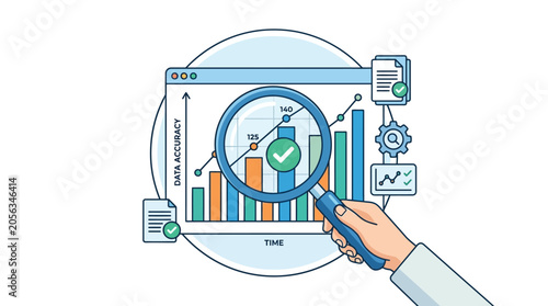 Business analytics with magnifying glass over charts and graphs