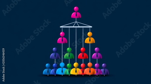 Colorful Symbolic Representation of Workplace Hierarchy and Control with Diverse Workforce Illustrating Organizational Structure and Team Relations
