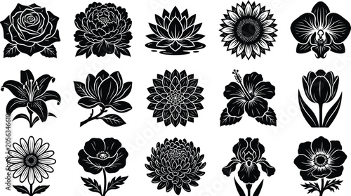 Quadro su tela Black and white floral set, daisies, roses, sunflowers, tulips, leaves floral da