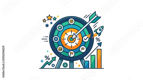 Business Goals Target Arrow Success Growth Rocket Launch Concept Flat Illustration