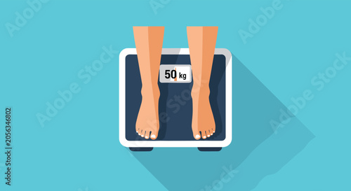 Overhead view of a person standing on a black and white digital weighing scale showing a weight of fifty kilograms.