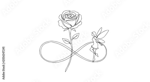 Quadro su tela Infinity symbol with rose and fairy outline, minimalist line art