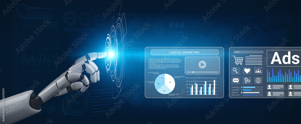 Naklejka premium A robot hand reaches towards a vibrant digital marketing interface showcasing data analytics, graphs, and promotional content, symbolizing advanced technology. Gantry