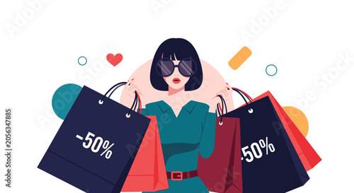 Fashionable woman wearing sunglasses holds multiple shopping bags with 50 percent discount labels during a seasonal sales event at a mall.
