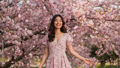 Joyful Asian Woman in Floral Dress Laughing Among Falling Cherry Blossom Petals in Spring Garden