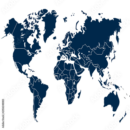Foto Dark blue world map silhouette on white background.