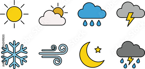Photos Weather forecast flat line icon vector set featuring sun cloud rain lightning th