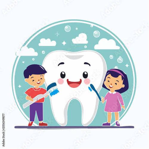 Children Brushing a Happy Tooth