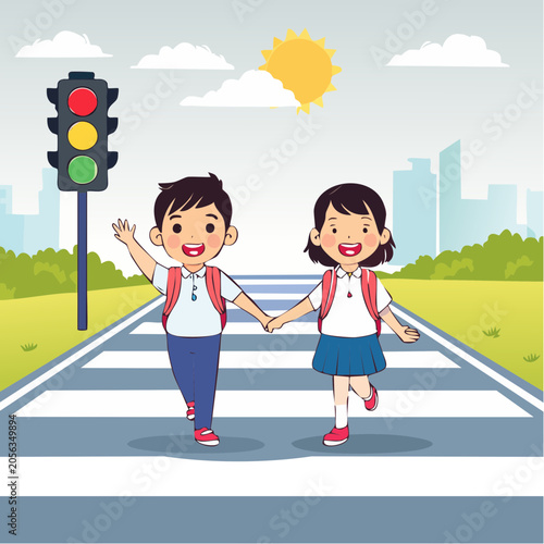 Children crossing street at crosswalk with traffic light