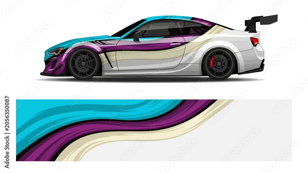 Fototapeta premium Colorful wrapped sports car with flowing rainbow graphics and swirls.