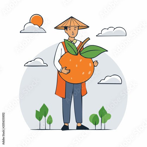Farmer Holding Giant Orange with Asian Hat