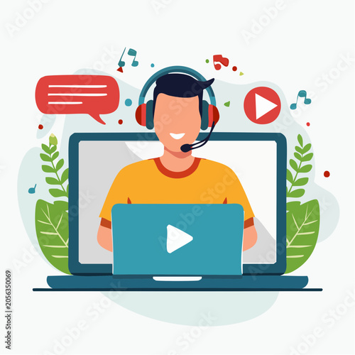 Man with Headphones and Laptop, Online Communication and Learning Concept