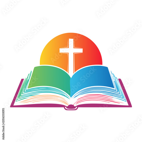 Open Bible with Christian Cross and Sun Icon