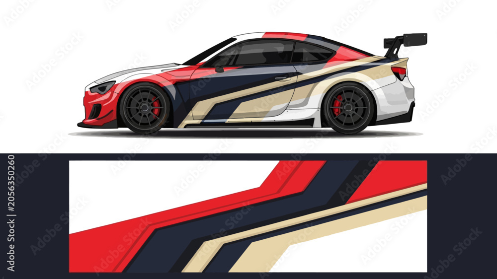 Fototapeta premium Sleek red and white racing car with bold gold and navy stripes on track.