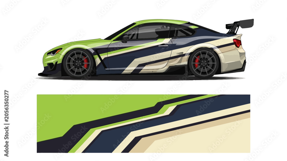 Fototapeta premium Bold lime green and cream race car with graphic livery and dynamic lines.