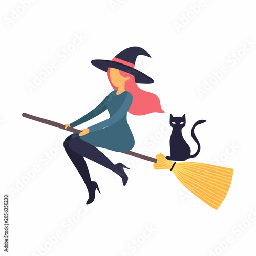 Witch flying on broomstick with black cat