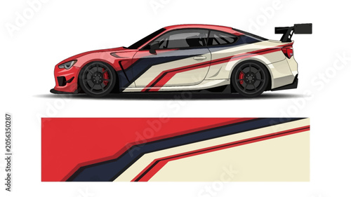 Foto Side view of a race car with bold red, white and blue livery and aerodynamic design