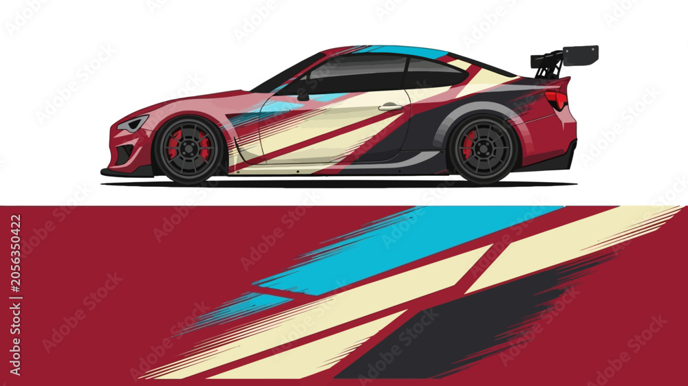Fototapeta premium Stylized red blue beige striped sports car with aerodynamic design and spoiler.