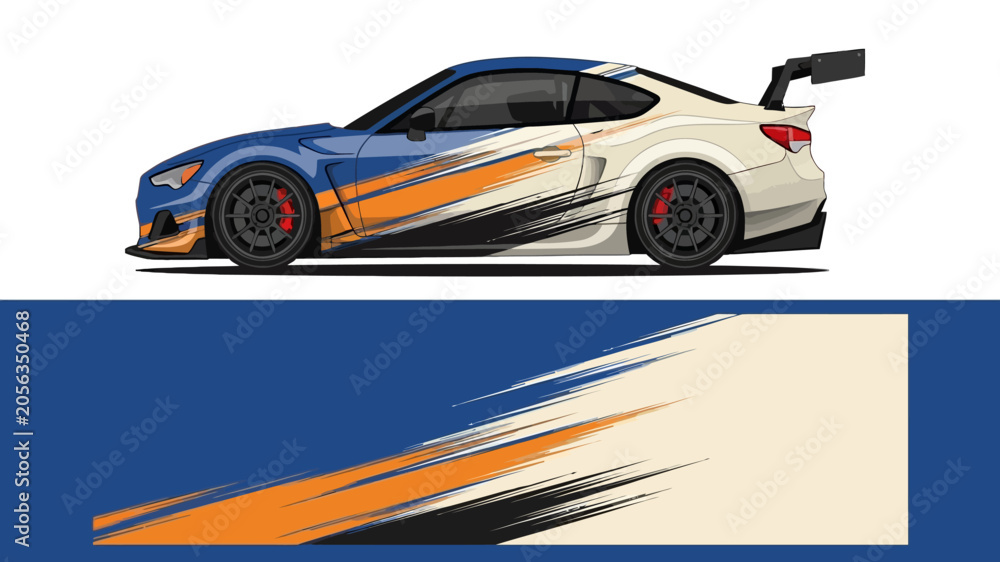 Naklejka premium High-speed orange and blue race car with dynamic graphics and banner design.