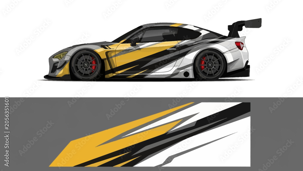 Fototapeta premium Side view of a sleek yellow black white race car with dynamic racing stripe.