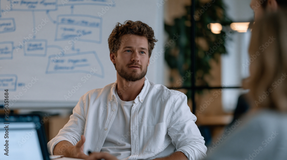 Obraz premium Blockchain developer presenting smart contract payment execution flowchart on whiteboard to fintech startup team, wide establishing shot of collaborative workspace, decentralized