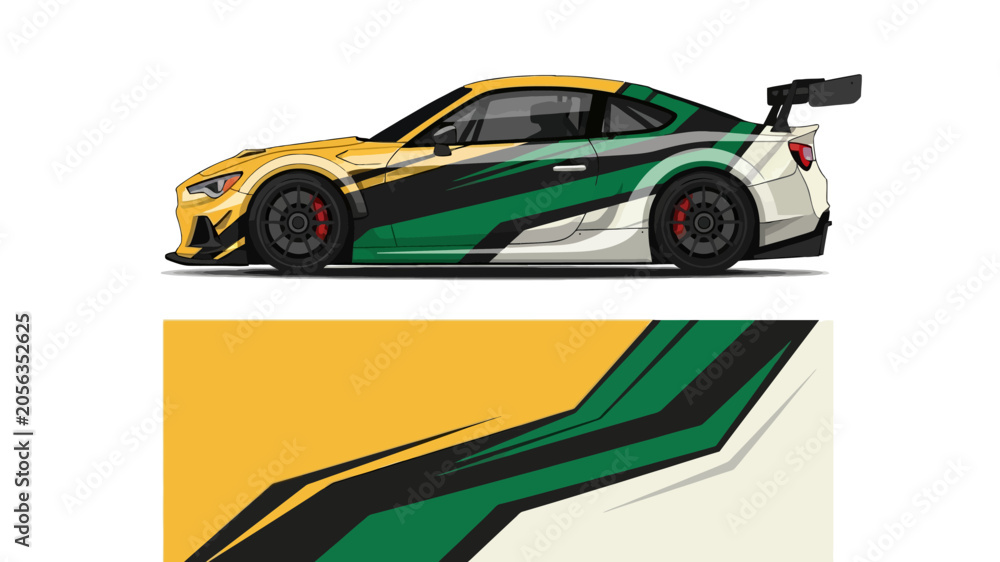 Naklejka premium Vibrant Race Car with Bold Green and Yellow Livery and Graphic Accents.