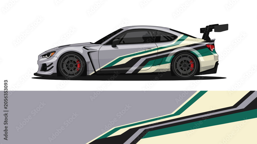Naklejka premium Green and Black Race Car with Stripes on Track, Sleek Aerodynamic Performance.