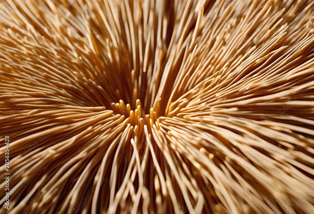 Obraz premium Close-up of spaghetti-like strands arranged in circular pattern with dense brown and beige texture.