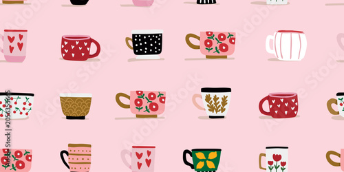 Bilde på lerret Seamless colorful cups pattern with stylish ceramic mugs and modern drinkware on